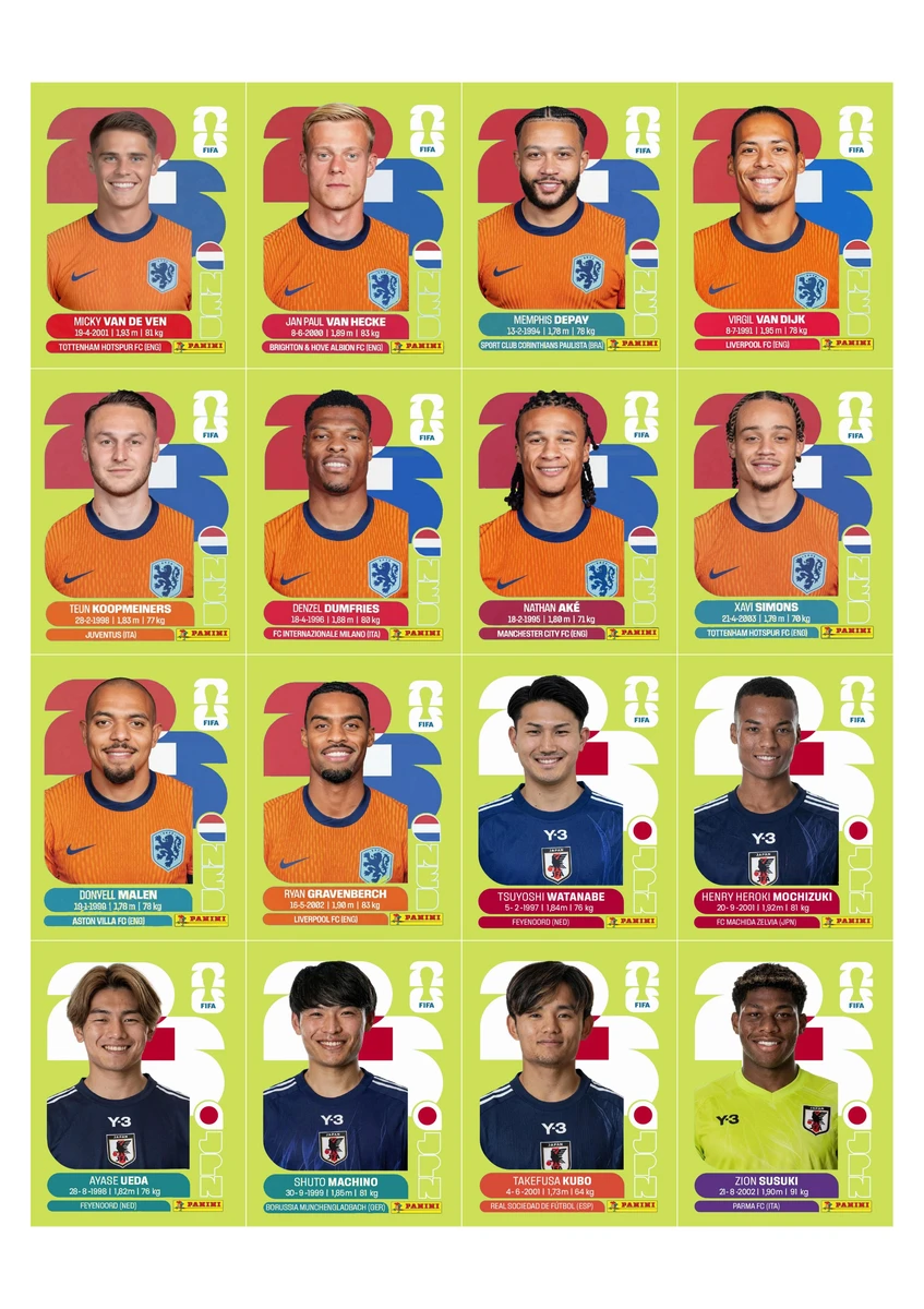 Figurinhas Copa 2026 United Edition - Edição Suiça em PDF 8 Grade de 16 cartões digitais de jogadores de futebol de duas seleções.
