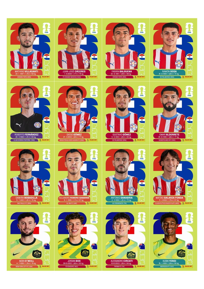 Figurinhas Copa 2026 United Edition - Edição Suiça em PDF 9 Cartelas digitais de atletas em fundo verde claro com bandeiras e logos.