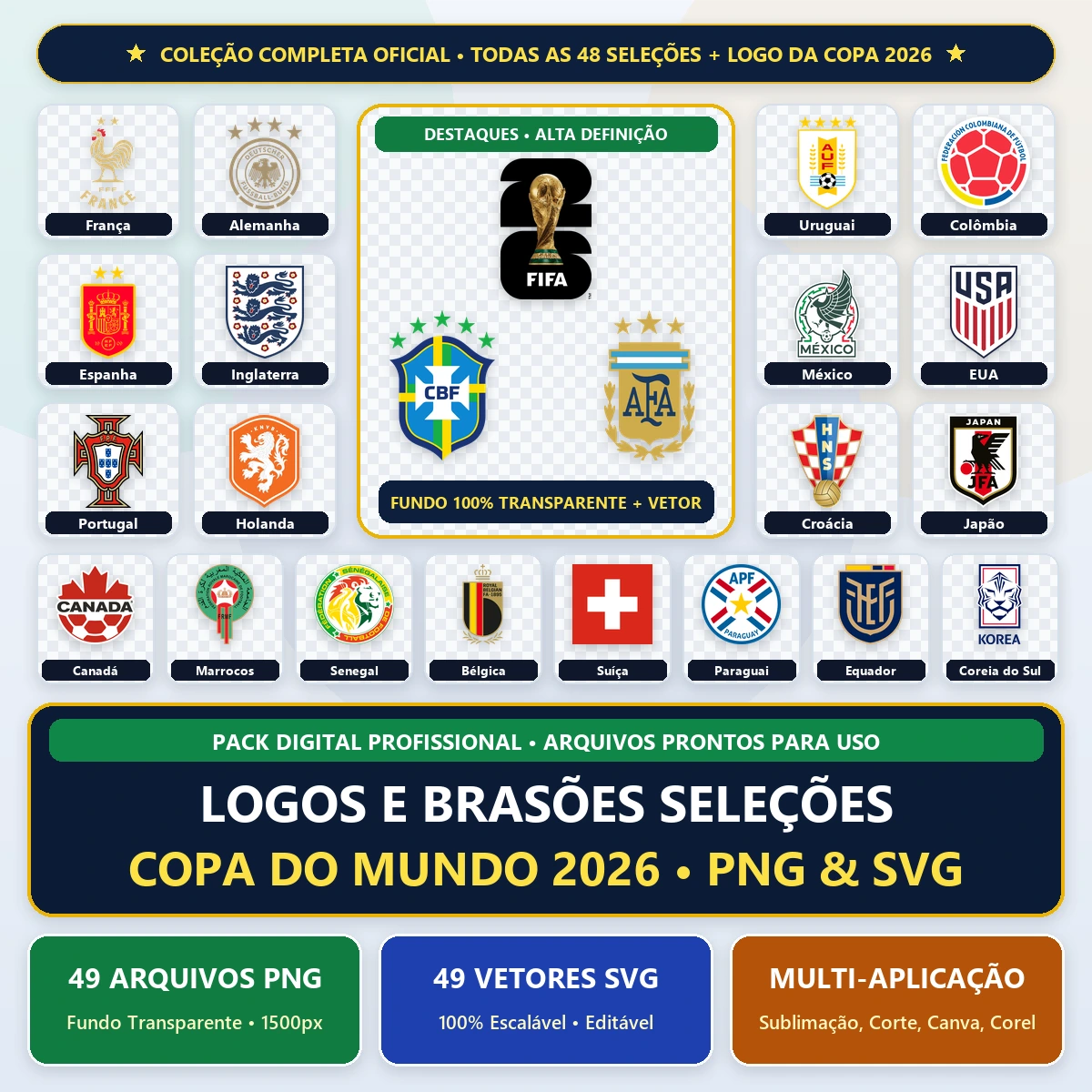 Pack Logos/Brasões Seleções Copa do Mundo 2026 PNG/SVG 1 Coleção digital com vários escudos e brasões de seleções de futebol