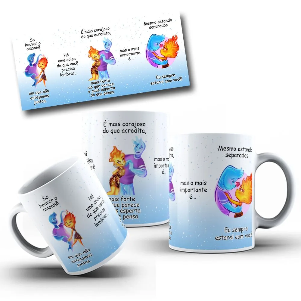 4 Artes Caneca Se Houver o Amanhã Elementos Arquivo Editável 2 Ilustração digital com personagem de fogo e outro azul, com frases em português.