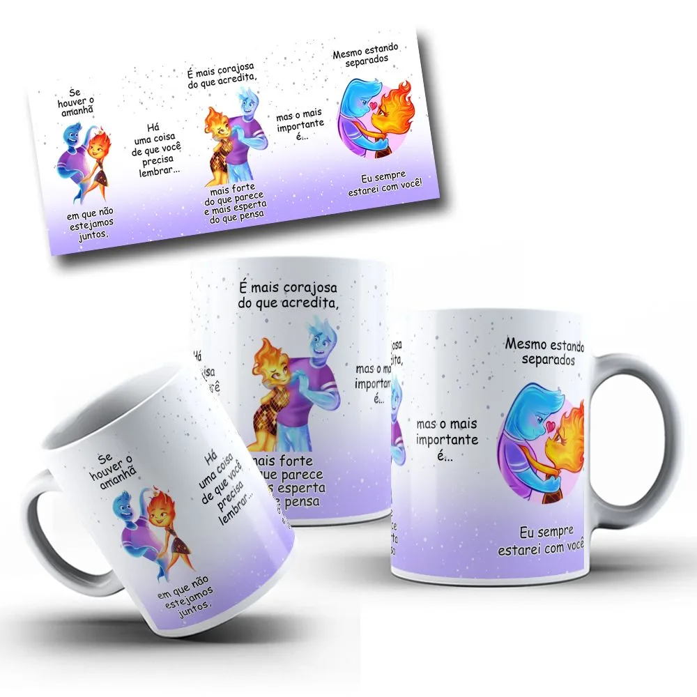 4 Artes Caneca Se Houver o Amanhã Elementos Arquivo Editável 3 Cartão e canecas com ilustração de figuras aquática e de fogo e frases motivacionais.