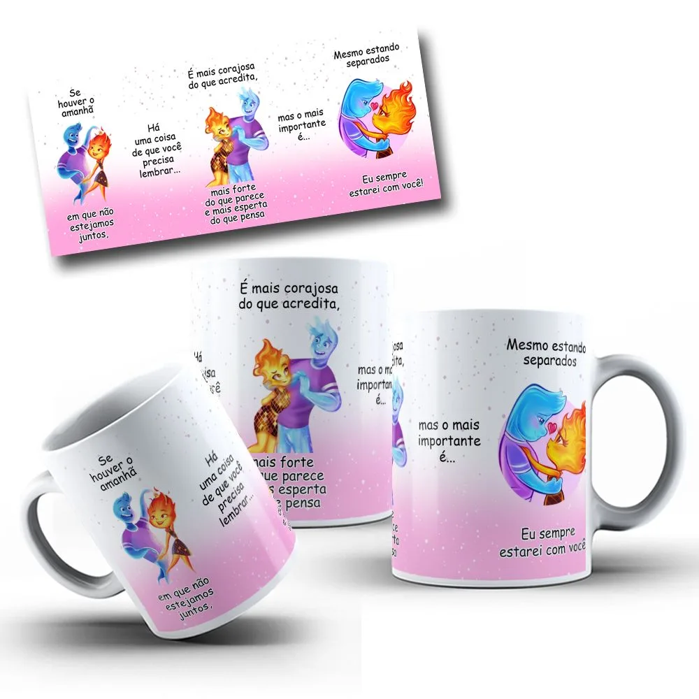 4 Artes Caneca Se Houver o Amanhã Elementos Arquivo Editável 1 Cartão retangular e duas canecas brancas com personagens de água e fogo, e textos motivacionais.
