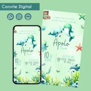 Convite digital infantil com tema fundo do mar, exibido em tela de celular e como arte.