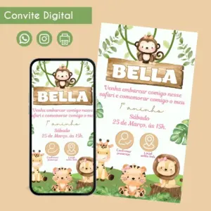 Convite Digital Safari Menina Verde Personalizado Festa 25 Convite digital de aniversário com tema safari e animais fofos para crianças.