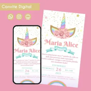 Convite digital de aniversário com tema unicórnio, exibido em tela de celular e impresso.