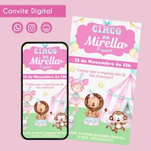 Convite digital de aniversário com tema de circo, exibido em tela de celular e como impressão.