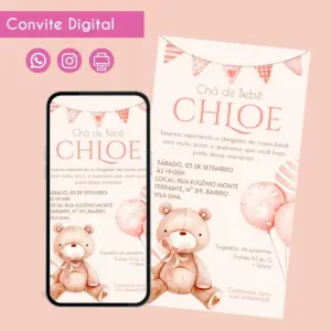 Convite Digital Chá de Bebê Urso Rosinha Festa Infantil 8 Convite digital para chá de bebê com ursinho e balões, exibido em formato de celular e cartão.