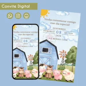 Convite digital com tema de fazenda, exibindo animais fofos e celeiro em arte aquarela.