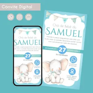 Convite Digital Chá de Bebê Elefante Personalizado Festa 37 Convite digital de chá de bebê com elefante fofo e detalhes do evento.