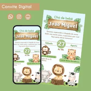 Convite digital de chá de bebê com tema de selva e animais fofos.