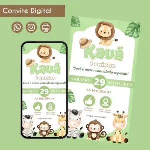 Convite Digital Safari Menino 5 Personalizado Aniversário 12 Convite digital de aniversário infantil tema safari, com leão, zebra, macaco e girafa.