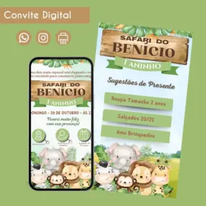 Convite Digital Safari Menino 4 Personalizado Aniversário 31 Convite digital de aniversário com tema safari, exibindo animais e sugestões de presentes.