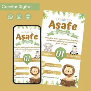Convite Digital Safari Menino 3 Personalizado Aniversário 22 Convite digital de aniversário com tema safari, apresentando animais fofos e folhagens verdes.