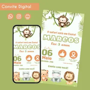 Convite Digital Safari Menino 2 Personalizado Aniversário 11 Convite digital de aniversário com tema safari, exibido em tela de celular e como cartão.