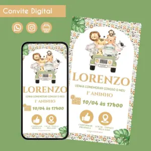 Convite digital de aniversário infantil com tema safari, exibido em tela de celular e arte.