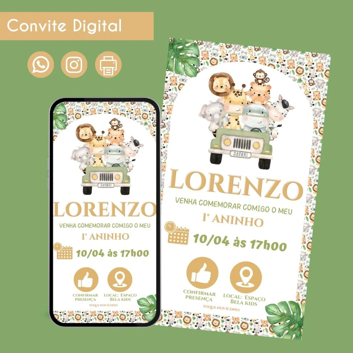 Convite Digital Safari Menino 1 Personalizado Aniversário 1 Convite digital de aniversário infantil com tema safari, exibido em tela de celular e arte.
