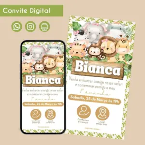 Arte digital de convite infantil com tema safari, animais fofos e detalhes de evento.