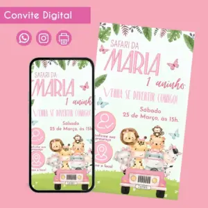 Convite digital de 1 aninho com tema safari, animais fofos em jipe rosa.