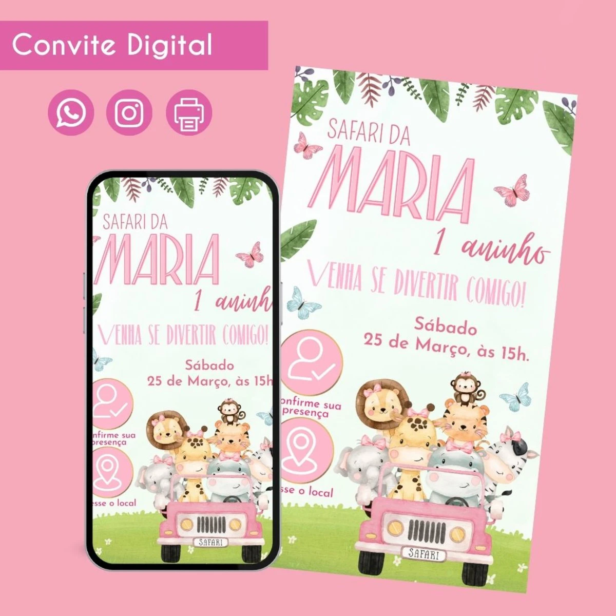 Convite Digital Safari Menina 3 Personalizado Aniversário 1 Convite digital de 1 aninho com tema safari, animais fofos em jipe rosa.