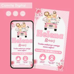 Convite Digital Safari Menina 2 Personalizado Aniversário 20 Convite digital de aniversário com tema safari, animais fofos em jipe rosa.