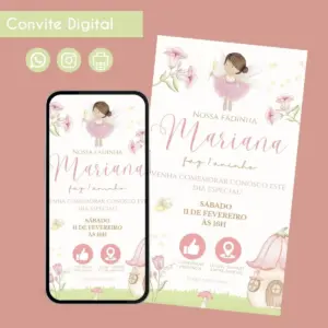 Convite digital de aniversário de 1 aninho com fada, flores e informações de festa.