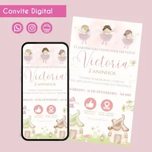 Convite Digital Jardim Fada Festa Infantil 29 Convite digital de aniversário com tema de fadas, exibido em tela e cartão.