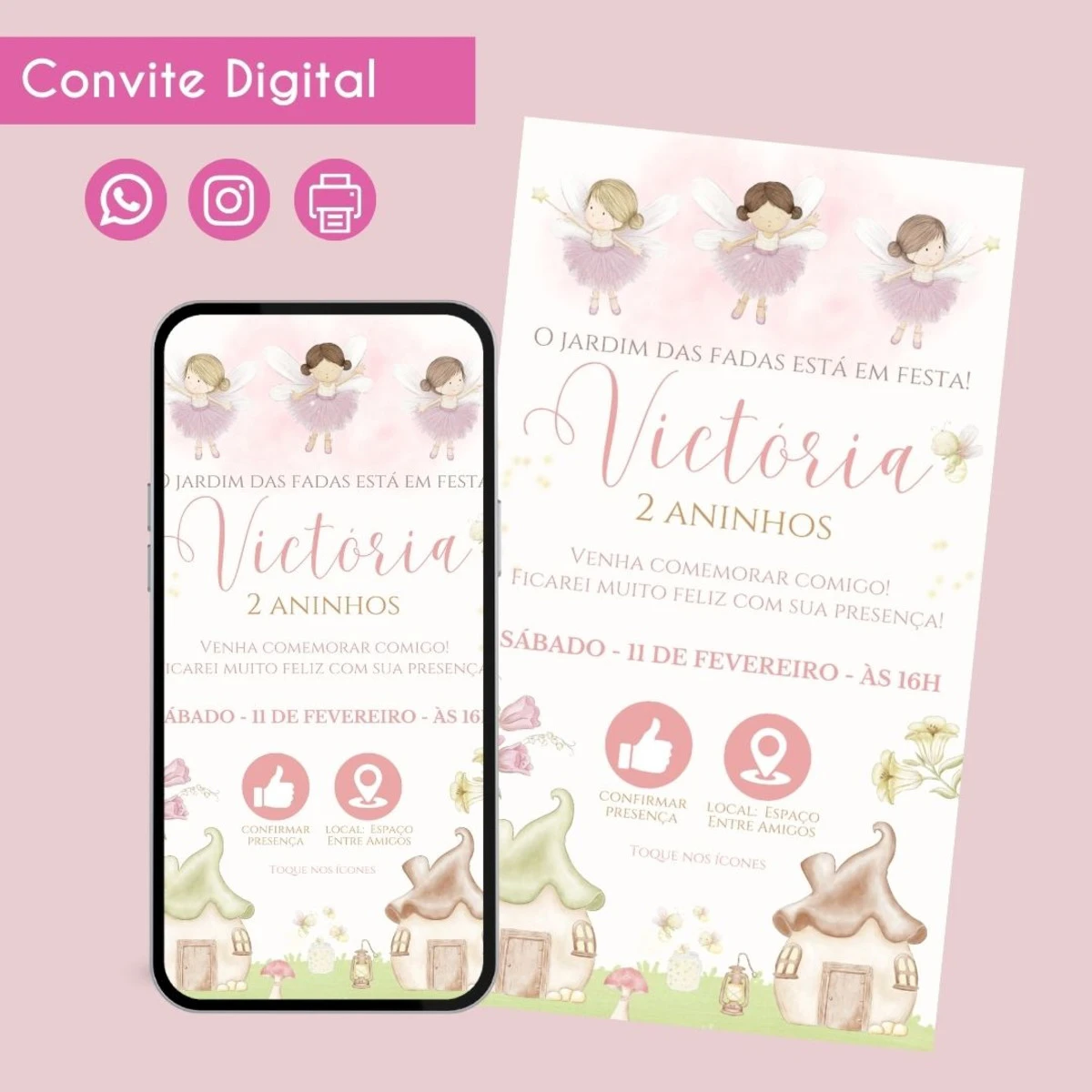 Convite Digital Jardim Fada Festa Infantil 1 Convite digital de aniversário com tema de fadas, exibido em tela e cartão.