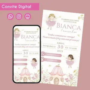 Convite digital de aniversário infantil com tema de fadas, exibido em tela de celular e cartão.