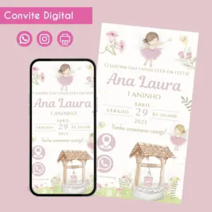 Convite Digital Fadinha Rosa Menina Festa Infantil 40 Convite digital de aniversário com tema de fadas, exibido em celular e cartão.