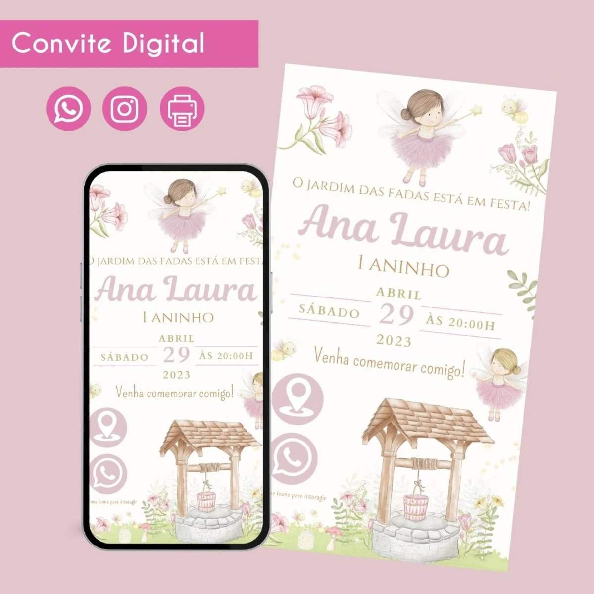 Convite Digital Fadinha Rosa Menina Festa Infantil 1 Convite digital de aniversário com tema de fadas, exibido em celular e cartão.