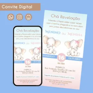 Convite digital de chá revelação com elefantes, data e local visíveis.