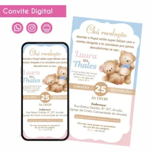 Convite digital de chá revelação, exibindo ursinhos e informações de evento.