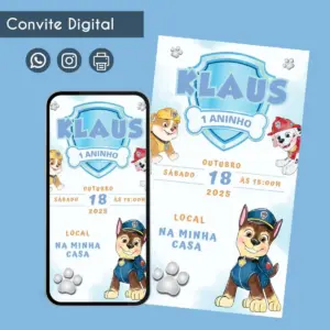 Convite digital de aniversário infantil com tema de cachorros em uniformes, exibido digitalmente.