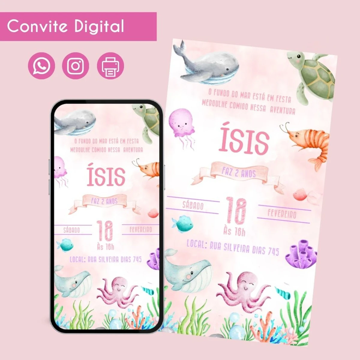 Convite Digital Fundo do Mar Menina 2 Personalizado Festa 1 Arte digital de convite com tema fundo do mar, exibida em tela de celular.