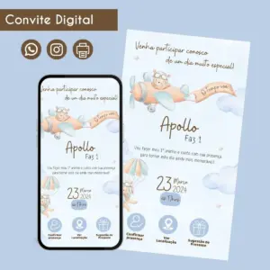 Convite digital de aniversário infantil com tema de ursinho aviador e data.