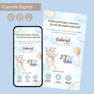 Convite Digital Urso Aquarela Festa Infantil 12 Convite digital de aniversário infantil com tema de urso aviador e nuvens celestes.