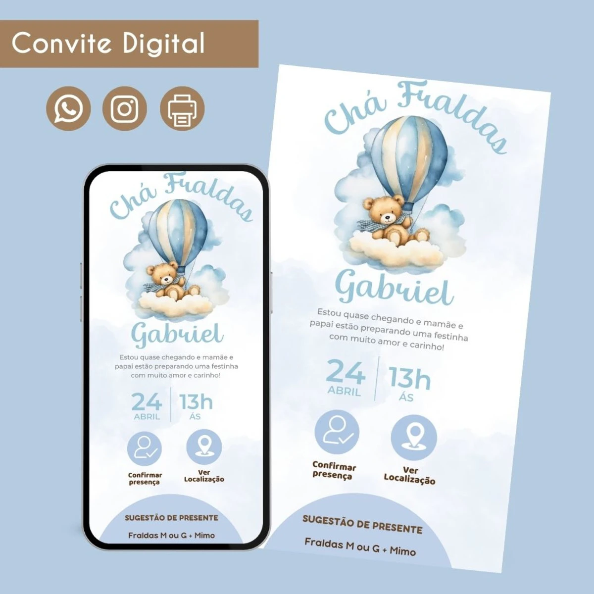 Convite Digital Chá de Fraldas Ursinho 1 Festa Infantil 1 Convite digital de chá de fraldas com ursinho, balão e nuvens.