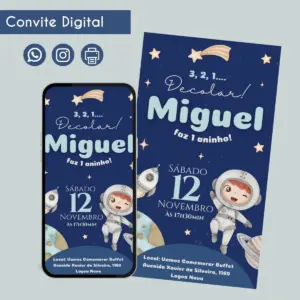 Convite digital de primeiro aniversário com tema espacial, astronauta e foguetes.