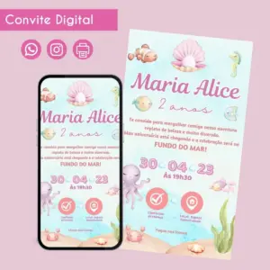 Convite digital temático fundo do mar com criaturas marinhas, exibido em tela e como cartão.