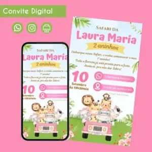 Convite Digital Safari Menina 1 Personalizado Aniversário 33 Convite digital temático de safari com animais fofos, exibido em um celular.