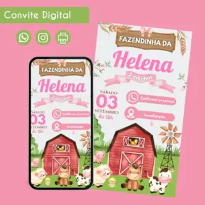 Convite digital temático de fazenda com animais e detalhes de festa infantil.