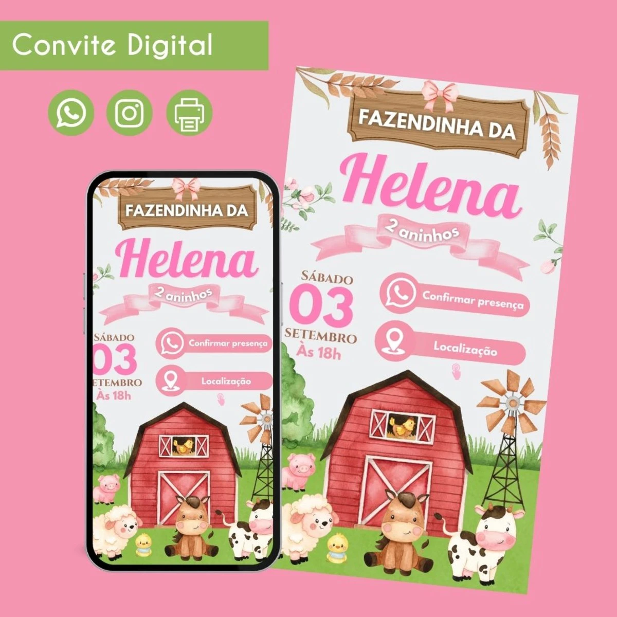 Convite Digital Fazendinha Menina 1 1 Convite digital temático de fazenda com animais e detalhes de festa infantil.