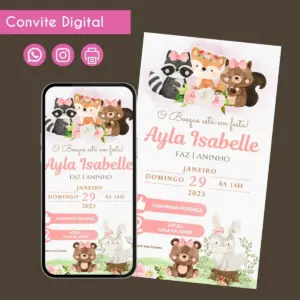 Convite digital de aniversário infantil com tema de floresta e animais fofos.