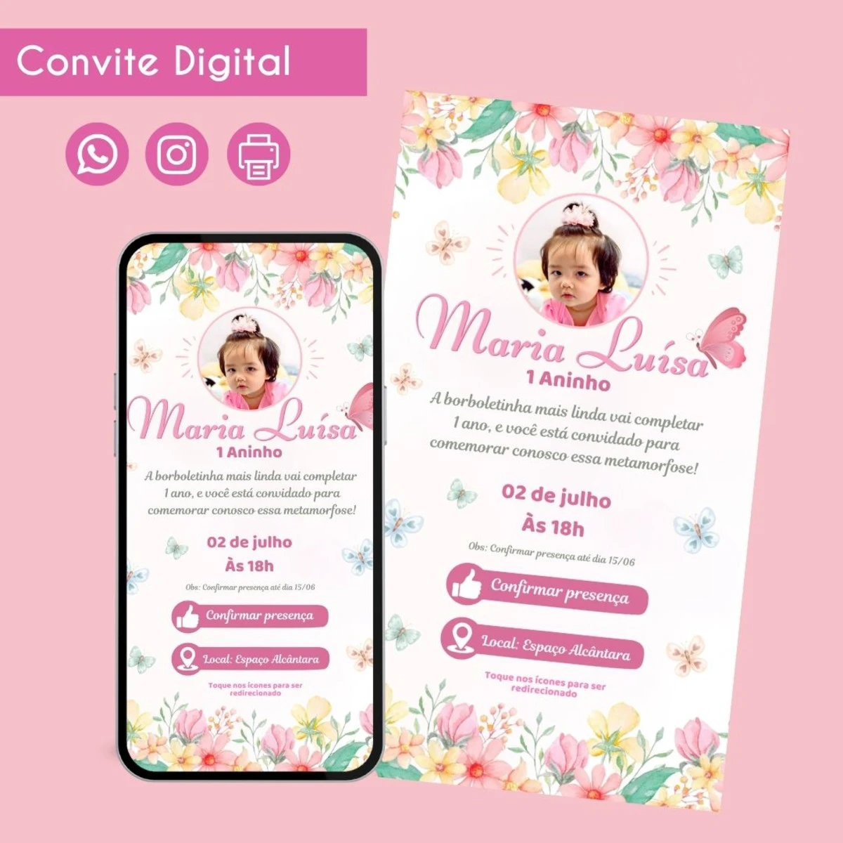 Convite Digital Jardim Menina Foto 1 Convite digital de aniversário infantil com tema floral, borboletas e foto de bebê.