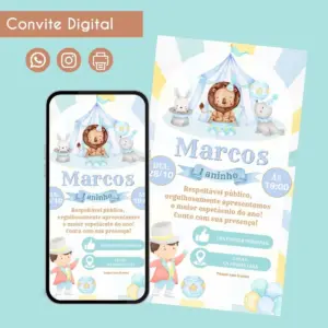 Convite Digital Circo Menino Azul Personalizado 21 Convite digital de circo com leão, coelho, foca e opções de compartilhamento.