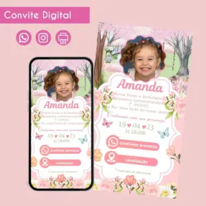 Convite digital interativo de aniversário infantil com tema jardim florido e borboletas.