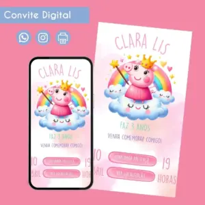 Convite digital infantil com personagem de porquinho, arco-íris, nuvens e botões de interação.