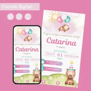 Convite digital de aniversário com ursinho, balões coloridos e elementos festivos.