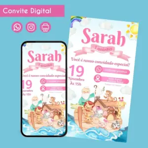Convite digital de aniversário infantil com tema Arca de Noé, exibindo animais e detalhes de festa.