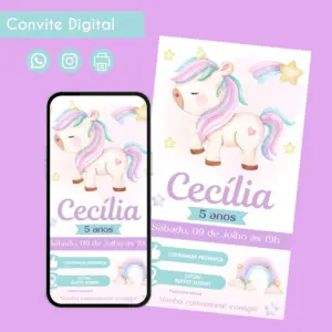 Convite Digital Unicórnio Cut Aquarela 18 Convite digital de unicórnio para festa infantil, com arte e informações de evento.